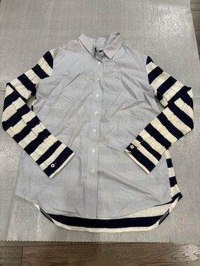 Faconnable Striped Sleeve Button-Up Shirt in Light Blue Navy Mixed Fabric